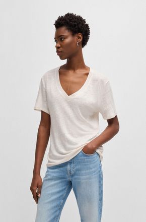 Boss Orange by Hugo Boss T-Shirt BOSS ORANGE Ela Premium Damenmode, Damen, Gr. XL, open wei&szlig; 118, Single Jersey, Obermaterial: 100% Leinen, unifarben, normal, V-Ausschnitt, Sh