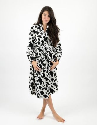 Leveret Womens Micro Fleece Robe in Cow Black/white at Nordstrom, Size X-Large