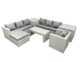 Fimous Wicker PE Rattan Sofa Garden Furniture Set with Oblong Coffee Table Armchair Big Footstool 2 Side Tables Light Grey Mixed