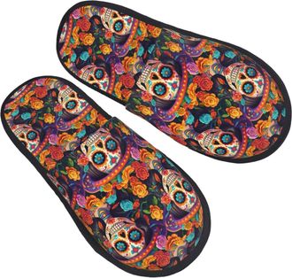 Generic House Slippers Colorful Flower Skulls Warm Fluffy Slippers Furry Indoor Shoes For Guest Room Indoor Winter M
