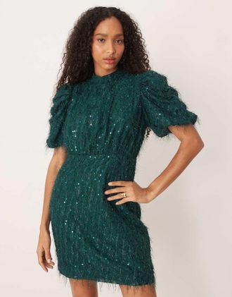 Vero Moda Vestito corto verde scuro soffice testurizzato con paillettes