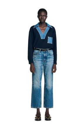 Sandro Sweater with denim details in Navy Blue at Nordstrom, Size X-Small