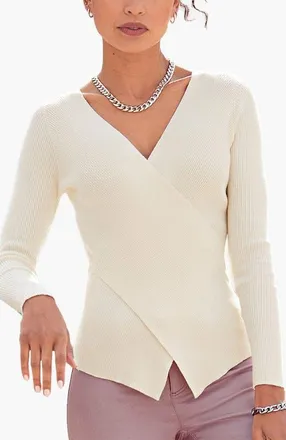 Lascana Overlapping V-Neck Sweater in Ivory at Nordstrom, Size Medium