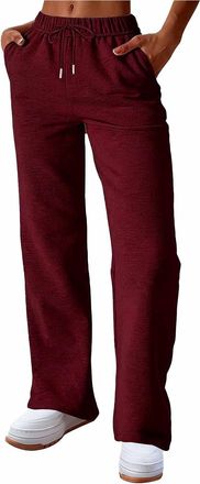 Generic Womens Wide Leg Joggers Fleece Lined Sweatpants with Pockets Loose Lounge Track Pants Elastic Waist Sports Gym Workout Trousers Wine
