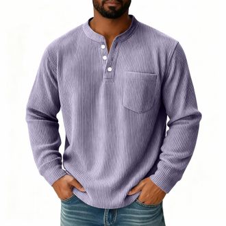 Generic Corduroy shirts Henley collar Mens Waffle Sweatshirt with Pocket V-Neck Button Up Flap Pockets Business Casual Classic Cozy Light Purple XL