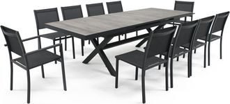 Oviala Mesa extensible de aluminio y cer&aacute;mica con 10 sillas grises