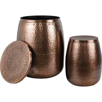 Happimess Merida Modern Rustic 2-Piece Hammered Metal Drum Storage Side Tables with Lids in Antique Copper at Nordstrom