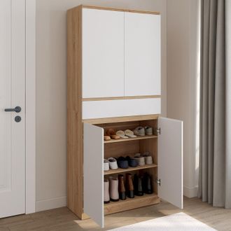 IDMarket Mueble Zapatero Tomi 24 Pares 4 Puertas 1 Caj&oacute;n, Acabado Haya Y Blanco