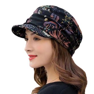 Generic Beanie Hats for Women, Boho Floral Printed Winter Hat Fleece Lined Ladies Beret Hat Warm Peaked Baker Boy Hats with Visor Black