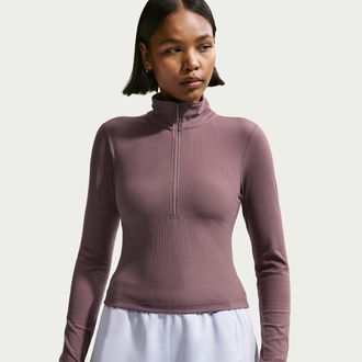 Nike Womens Nike Sportswear Chill Knit Tight Quarter-Zip Long-Sleeve Ribbed Top in Purple | IF0577-502