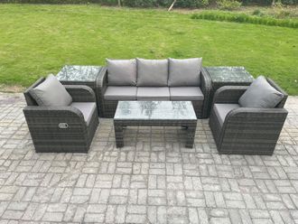 Fimous Wicker PE Rattan Garden Furniture Set Outdoor Lounge Sofa Set with Reclining Chair Coffee Table 2 Side Tables in Dark Grey