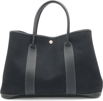 Herm&egrave;s Garden Black Toile Officier Leather Handbag Shoulder Bag Tote Bag (Pre-Owned)