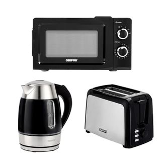 Geepas 2 Slice Bread Toaster, 1.7L Illuminating Electric Kettle & 20L Solo Manual Microwave Oven 700W Combo Set in Black