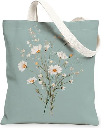 Generic Floral Canvas Tote Bag, Vintage Flower Pattern Reusable Grocery Bags, Lightweight Washable Shoulder Strap Canvas Bags for T, Blue, 13x15 Inch