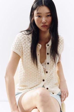 H&M Cap-sleeved pointelle-knit cardigan in Light Beige at Nordstrom, Size Xx-Small