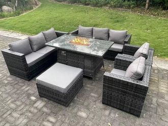 Fimous 9 Seater Outdoor PE Rattan Garden Furniture Set Gas Fire Pit Dining Table Gas Heater Burner Dark Grey
