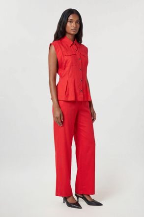 Karen Millen Womens Premium Viscose Linen Topstitch Woven Blouse With Waist Seam Detail - Red - Size 14 UK