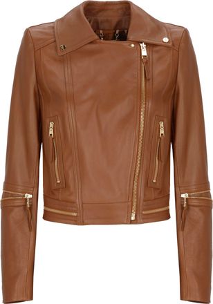 Elisabetta Franchi Cropped Brown Leather Jacket with Decorative Gold Zippers