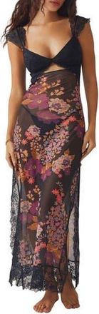 Free People Suddenly Fine Floral Print Cutout Lace Trim Nightgown in Black Combo at Nordstrom Rack, Size X-Small