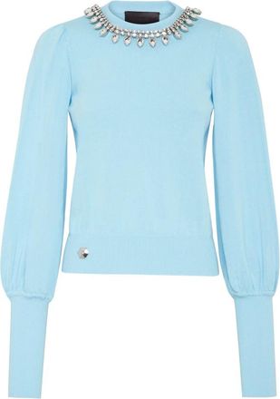 Philipp Plein Pullover LS Crystal - Dames - Ronde hals truien - Blauw - XS - Katoen - Truien & Vesten