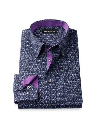 Paul Fredrick Tailored Fit Comfort Stretch Non-iron Deco Dress Shirt With Contrast Trim