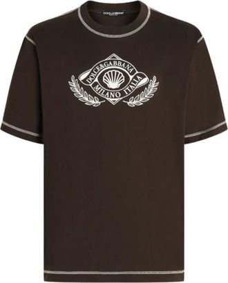 Dolce & Gabbana Tops, Heren, Bruin, M, Katoen, Bruin Logo Stempel T-shirt