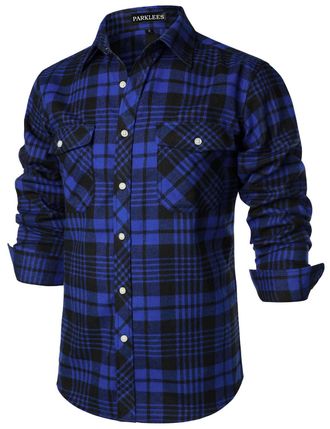 PARKLEES Mens Casual Regular Fit Button Up Flannel Checked Plaid Shirts with Pockets PZLCL41 Royal Blue XXL