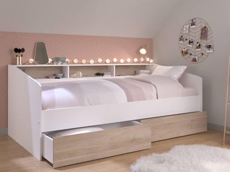 Vente-Unique Bed 90 X 190/200 Cm With Storage - White & Natural - PAULETTE in Light Oak | Size: Single