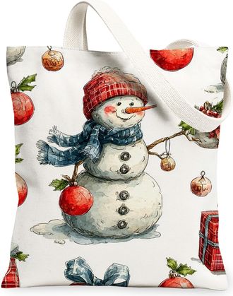 Generic Snow Man Canvas Tote Bag, Cute Holiday Pattern Reusable Grocery Bags, Festive Fun Lightweight Washable Shoulder Strap, White, 13x15 Inch