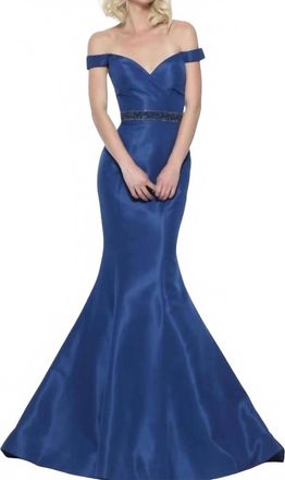 Sherri Hill Off Shoulder Taffeta Mermaid Gown In Navy