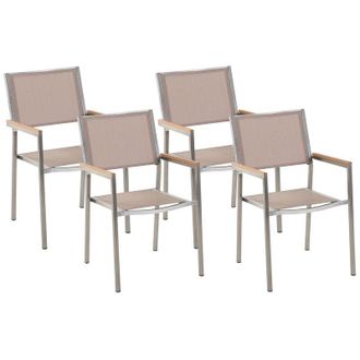 Beliani Conjunto De 4 Sillas De Jard&iacute;n Beige Plateado Asiento Textil Patas De Acero Inoxidable Apilable Moderno Comedor Exterior Grosseto