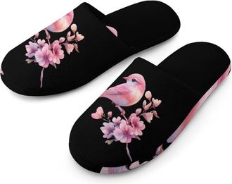 Generic Cute Bird with Flowers Cotton Slippers for Men Memory Foam House Slippers Soft Anti-skid Sole Indoor Outdoor Shoes
