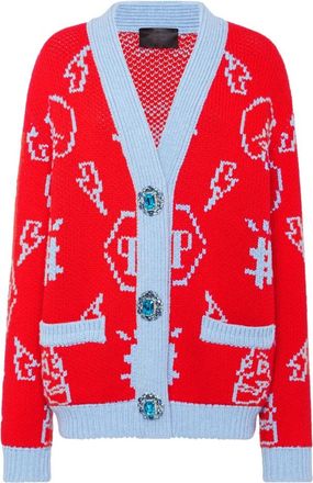 Philipp Plein Jacquard Cardigan Monogram - Dames - Vesten - Rood - L - Wol - Truien & Vesten