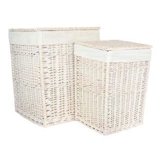 Red Hamper Set of 2 Cotton Lined Square White Wash Laundry Basket