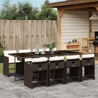 vidaXL Set Comedor Para Jard&iacute;n 9 Pzas Y Cojines Rat&aacute;n Sint&eacute;tico Marr&oacute;n Vidaxl