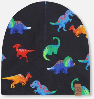 Deux par Deux Stretch Jersey Dinosaur Print Beanie in Black Dinosaur Print at Nordstrom, Size 12-24 M