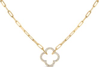 House of Brilliance Gold Vermeil 1/10 Cttw Diamond Paperclip Chain Clover Pendant Necklace