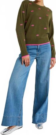 Brodie Leila Embroidered Lips Crew Top In Khaki/pink