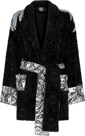 Philipp Plein Silver Eagle Korte Badjas - Dames - Badjassen - Zwart - S/M - Katoen - Nachtkleding