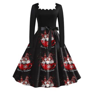 Generic Christmas Dress for Women 50s Audrey Hepburn Style Santa Claus Snowman Elegant Square Neck Long Sleeve Retro Wine Glass Cocktail Plaid Vintage Midi A 