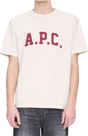 A.P.C. A.p.c., Tops, Heren, Beige, XL, Katoen, Beige Katoen Logo Print Ronde Hals