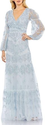 Mac Duggal Sequined Tiered Wrap Over Puff Sleeve Gown in Sky Blue at Nordstrom, Size 10