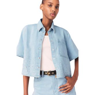 Maje Cropped rhinestone denim shirt in Blue Sky at Nordstrom, Size X-Small