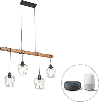 QAZQA Qazqa - Smart Pendant Light Black with Wood Incl. 4 Wifi A60 - Stronk