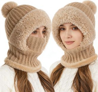 Generic 3 in 1 Beanie Hat for Women, Knitted Beanies with Scarf and Mask Attached,Windproof Ladies Winter Hat with Warm Fleece Linning, Balaclava Hoodie Neck 