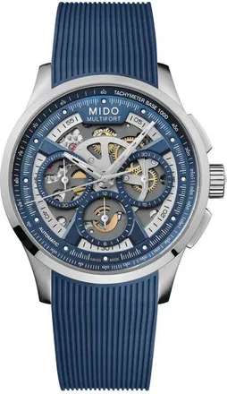 Mido Multifort Skeleton Chronograph Automatic Rubber Strap Watch, 43mm in Blue at Nordstrom
