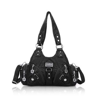 Angel Kiss Purses for Women Small Hobo Shoulder Bags Vagen Leather Multi-Pocket Tote Bag with Zipper, Black