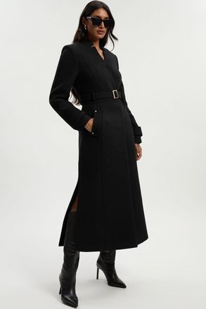 Karen Millen Womens Wool Investment Notch Neck Belted Detail Tailored Maxi Coat - Black - Size 16 UK