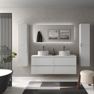 Cygnus Bath Mueble De Ba&ntilde;o Kira 140cm Blanco Mate 4 Cajones Lavabo Sobre Encimera 2 Pozas Porcelana
