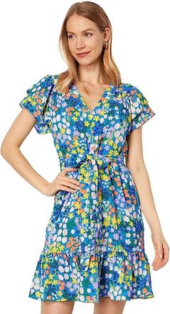 Maggy London Dress Blue Floral Stretch Ruffle Hem Flutter Sleeve FROG172